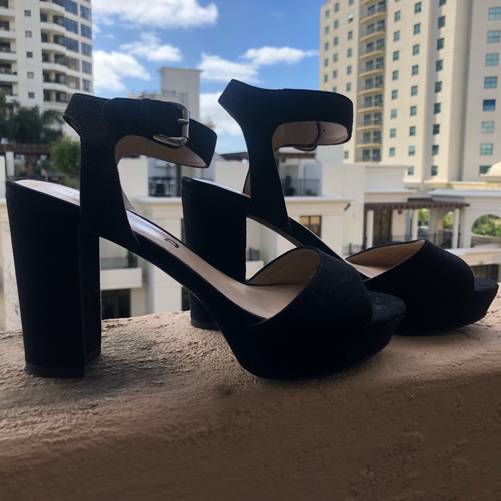 Black suede platform heels